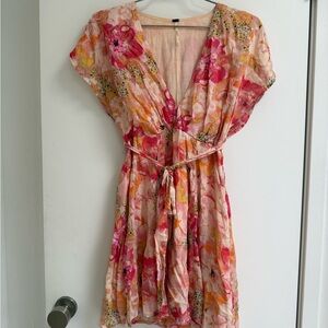 Free people size XS. Pink and Red Flutter Sleeve Plunge Sundress